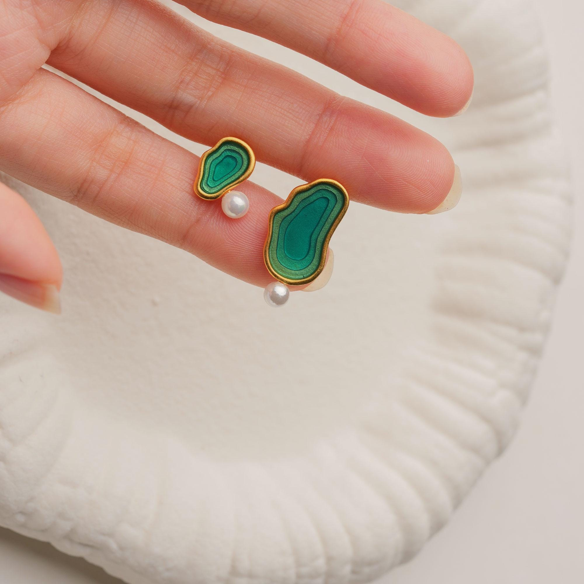 Asymmetric Green Pool Stud Earrings