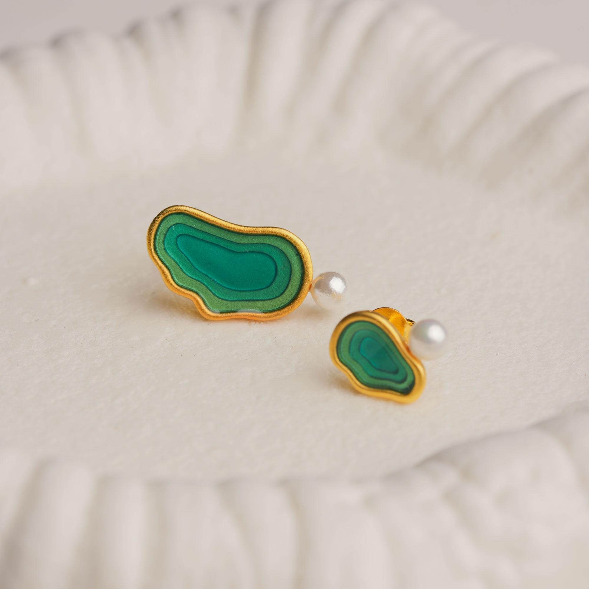 Asymmetric Green Pool Stud Earrings